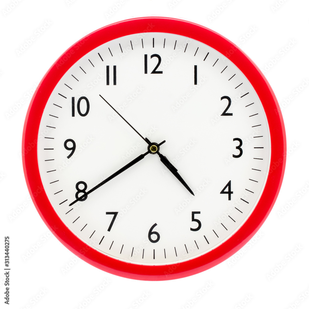 The clock with white dial and red frame shows 16 (4) hours 40 minutes_ The clock with white dial and red frame shows 16 (4) hours 40 minutes_