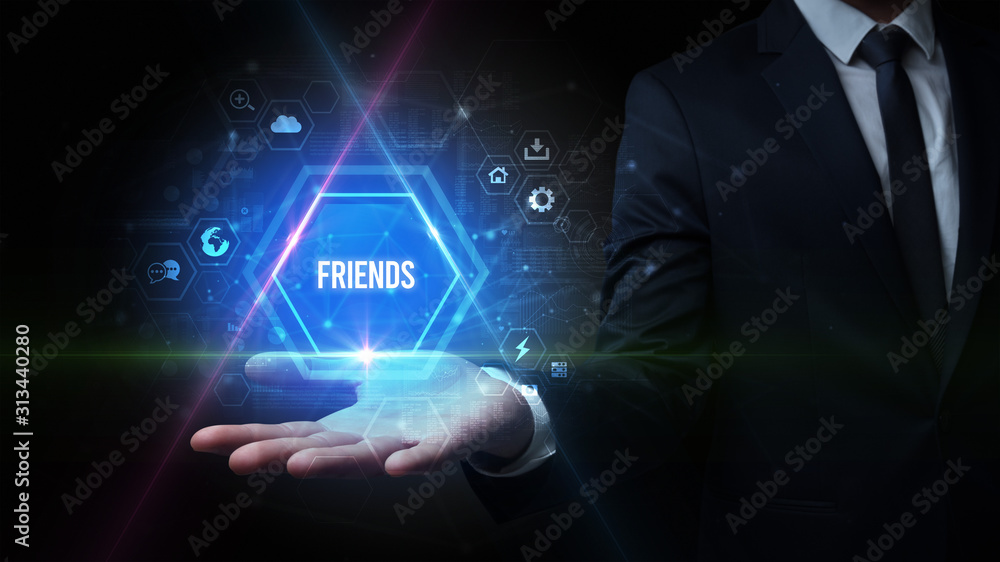 Man hand holding FRIENDS inscription, social media concept