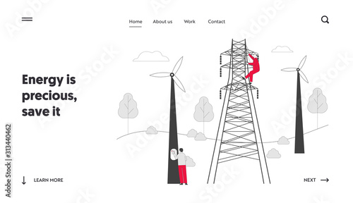 Energy Station Powerline in City Website Landing Page. Electrician Workers with Tools and Equipment Electric Transmission Tower Maintenance Web Page Banner. Cartoon Flat Vector Illustration, Line Art