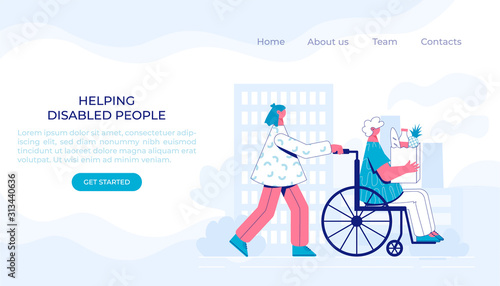 Volunteer help disabled. Woman in a wheelchair.
