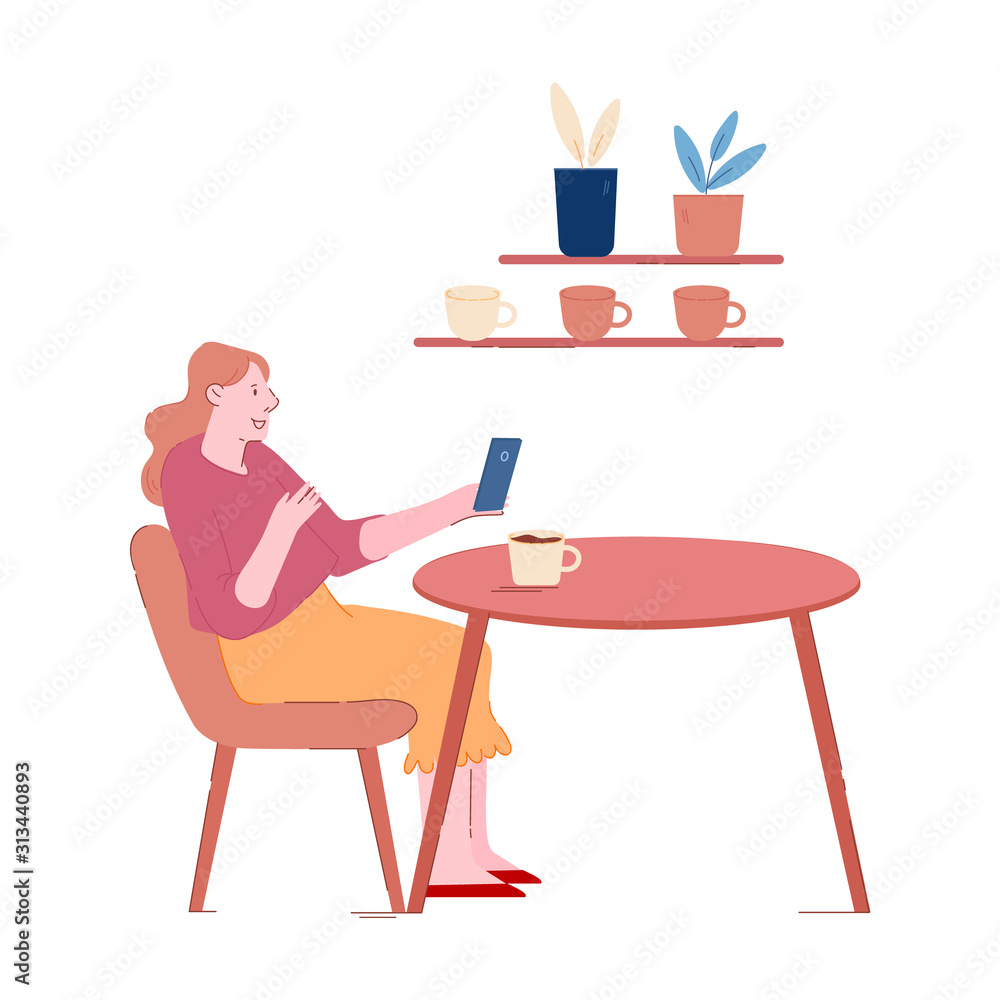 Fototapeta premium Young Girl Relaxing in Restaurant Sitting at Table with Coffee Cup Holding Smartphone in Hand. Woman Visiting Cafe, Female Customer Character in Recreational Place. Cartoon Flat Vector Illustration