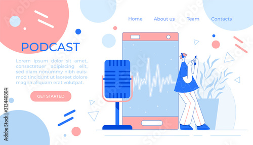 Man recording podcasts. Studio microphone vector illustration. 