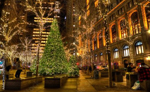 Illuminated square in New York City. Christmas trees. Skycrapers. © Mlle Sonyah