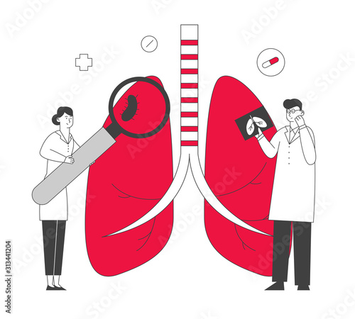 Respiratory Medicine, Healthcare and Pulmonology Concept. Doctors Check Human Lungs with Magnifying Glass, Make X-ray. Medical Pulmonological Care, Anatomy Cartoon Flat Vector Illustration, Line Art