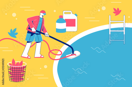 Pool maintenance concept. Man cleaning pool with vacuum. 