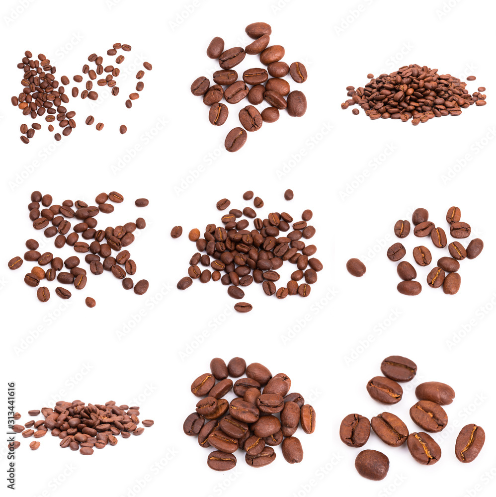 collage of Coffee beans isolated on a white background area for copy space. collage of Coffee beans isolated on a white background area for copy space.