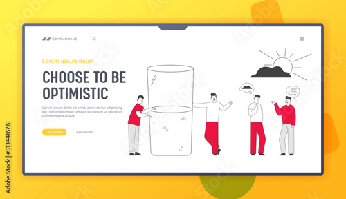 Positive and Negative Thinking Website Landing Page. Pessimist and Optimist Male Characters Stand at Huge Half Full or Empty Glass with Water Web Page Banner. Cartoon Flat Vector Illustration Line Art