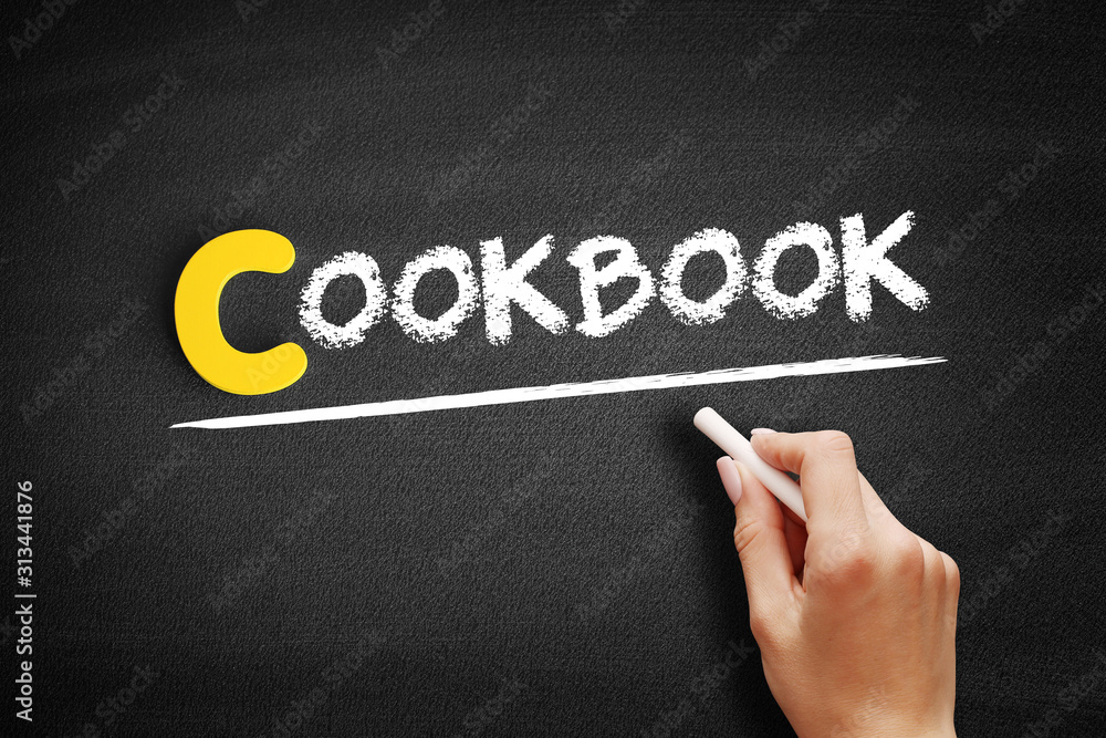 Fototapeta premium Cookbook text on blackboard, concept background