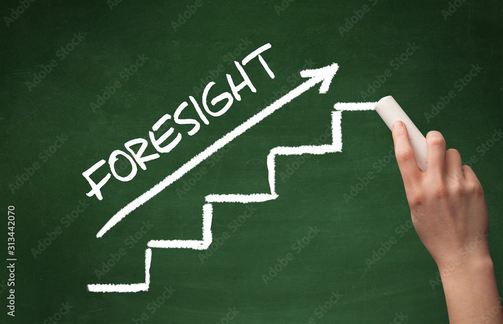 Hand drawing FORESIGHT inscription with white chalk on blackboard, business concept Hand drawing FORESIGHT inscription with white chalk on blackboard, business concept
