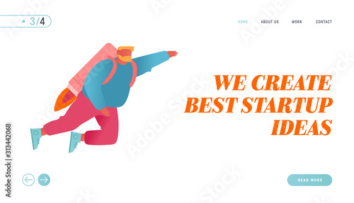 Career Boost, Business Start Up and Growth Website Landing Page. Cheerful Businessman Flying Off with Jet Pack on Back Take Off the Ground. Success Web Page Banner. Cartoon Flat Vector Illustration