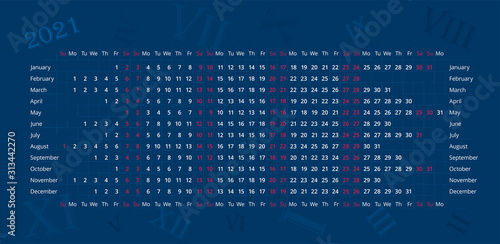 Wall calendar of 2021 year on deep blue background with Roman numerals. Sundays and saturdays are highlighted in red. 2021 calendar stock vector editable template. Horizontal poster, banner, placard