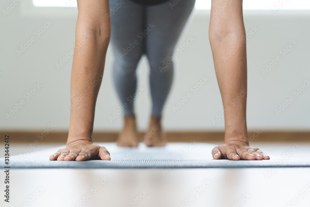 Woman exercising core body at home by doing plank pose on the yoga mat. Woman exercising core body at home by doing plank pose on the yoga mat.
