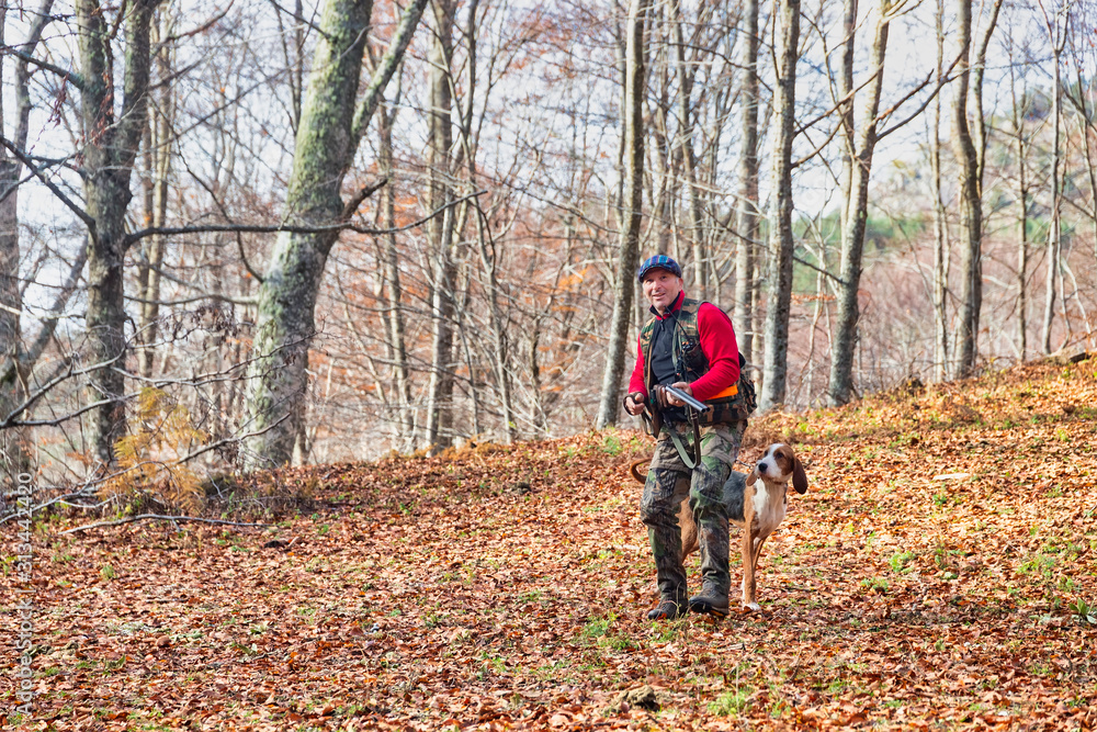 Hunter and hunting dog chasing in the forest Hunter and hunting dog chasing in the forest