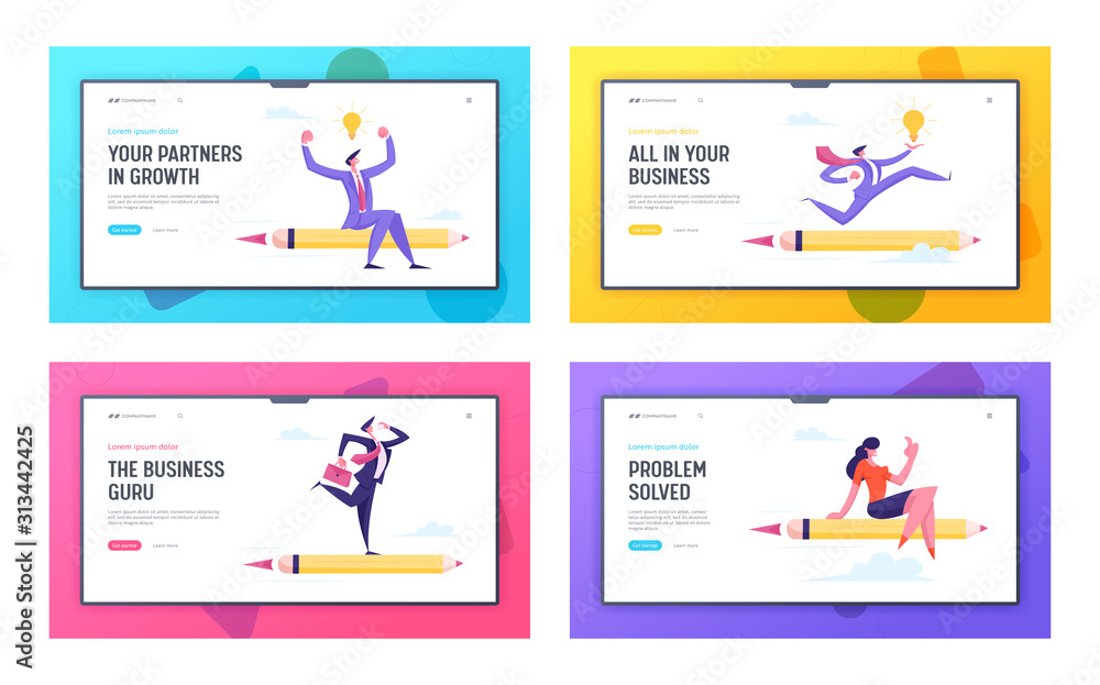 Workers Career Boost, Start Up Project Website Landing Page Set. Business Man and Woman Characters Flying on Huge Pen like on Rocket. Creative Idea Web Page Banner. Cartoon Flat Vector Illustration