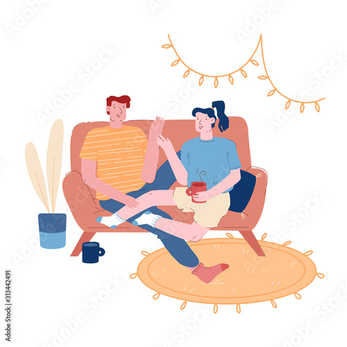 Young Loving Couple Sitting on Couch in Living Room Drinking Tea, Chatting. Male Female Characters Together on Weekend Evening. Love Leisure Family Sparetime Day Off Cartoon Flat Vector Illustration