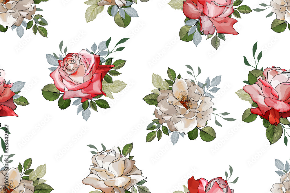 Floral seamless pattern with flowers white and red rose and green leaves on white background. Hand drawn. For textile, wallpapers, print, greeting. Watercolor style. Vector stock illustration.