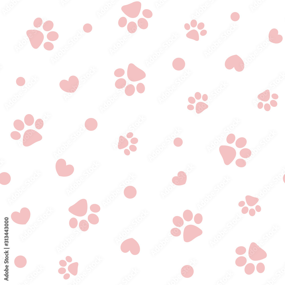 Seamless pink pastel pattern background texture wallpaper with paws pets animals and hearts. Seamless pink pastel pattern background texture wallpaper with paws pets animals and hearts.