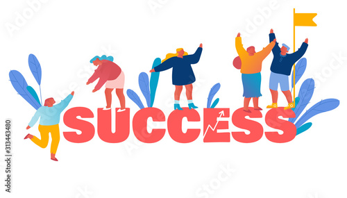 Success Teamwork and Leadership Concept. Business Team Climbing Up on Top with Flag. Businesspeople Pull Teammates to Peak of Success Poster Banner Flyer Brochure. Cartoon Flat Vector Illustration