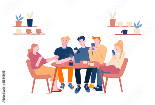 Friends Meeting in Cafe or Bar. Company of Young People Having Coffee Break in Modern Restaurant Communicating, Chatting, Spending Leisure Time Together on Weekend. Cartoon Flat Vector Illustration