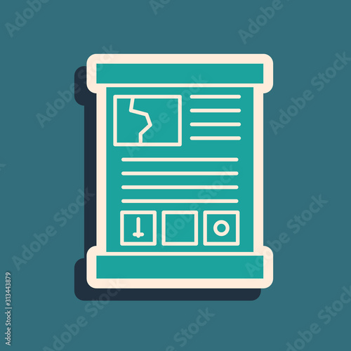 Green Game guide icon isolated on blue background. User manual, instruction, guidebook, handbook. Long shadow style. Vector Illustration