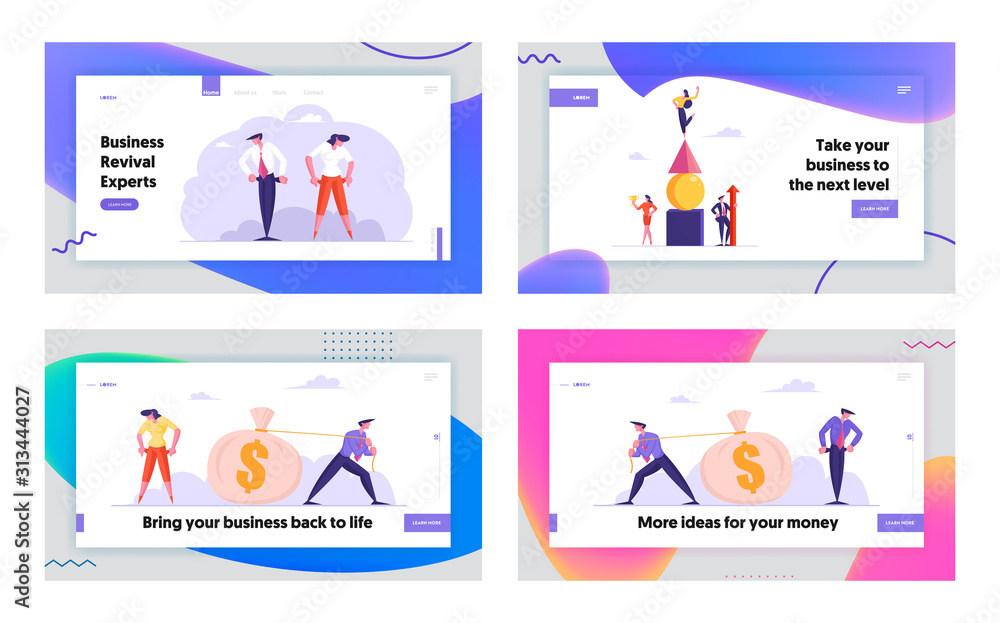 Bankruptcy, Leadership and Money Website Landing Page Set. Business People Forming Huge Pyramid, Pulling Sack with Dollars, Turn Out Empty Pockets Web Page Banner. Cartoon Flat Vector Illustration