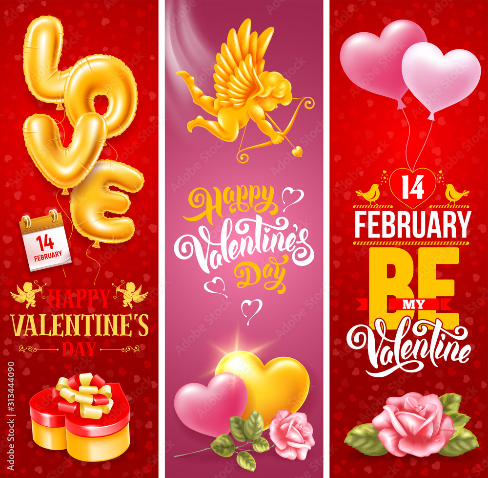 Valentines Day Vertical Banners Set - obrazy, fototapety, plakaty 
