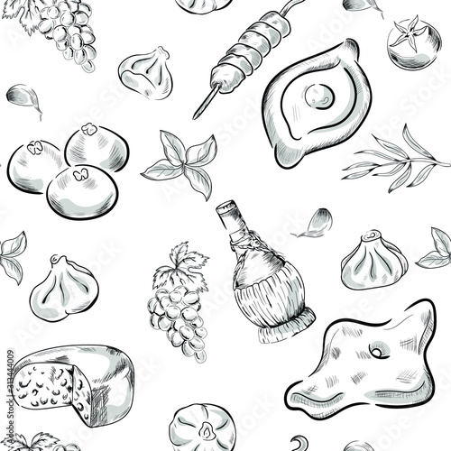 georgian food, travel, seamless pattern . Concept for print, mune, wrapping paper 