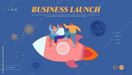 Office Workers Career Boost  Successful Start Up and Leadership Website Landing Page. Cheerful Business Men and Women Flying in Space Riding Rocket Web Page Banner. Cartoon Flat Vector Illustration
