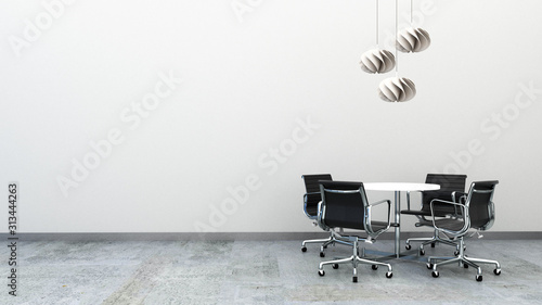 3d rendering of office chairs with round table on the concrete floor decorated with ceiling lamps. Office furniture with copy space. Small meeting area. 