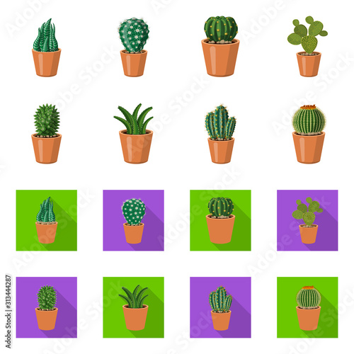 Vector illustration of cactus and pot sign. Set of cactus and cacti stock vector illustration.
