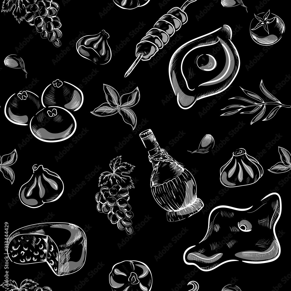 Fototapeta Vector georgian food seamless pattern with vegetables and fruits, wine, meat. Concept for menu, cards, wallpapers, wrapping paper