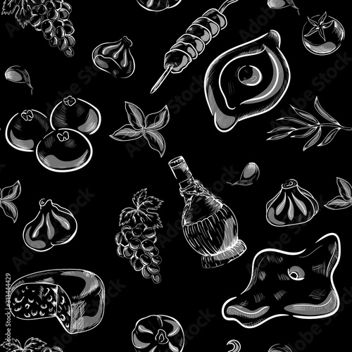 Vector georgian food seamless pattern with vegetables and fruits, wine, meat. Concept for menu, cards, wallpapers, wrapping paper 