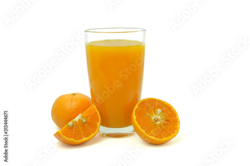 Glass of orange juice and slices of orange fruit isolated on white background