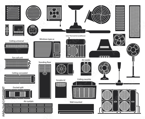 Air ventilator black vector set icon.Vector illustration icon of ventilator equipment.Isolated black set of air fan system.