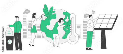 Save Planet Environment Concept. People Prepare for Day of Earth. Characters Care of Plants, Throwing Trash to Recycling Litter Bins, Set Up Solar Panels. Cartoon Flat Vector Illustration, Line Art