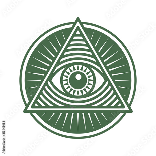 Vector icon human world eye in engraved style. One global color. Illuminati logo, world order symbol all-seeing eye of providence