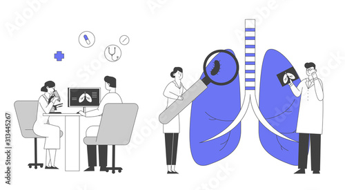 Pulmonology Inspection, Respiratory System Examination Healthcare and Treatment Concept. Doctors Check Internal Organ for Illness, Disease or Lungs Problems Cartoon Flat Vector Illustration, Line Art
