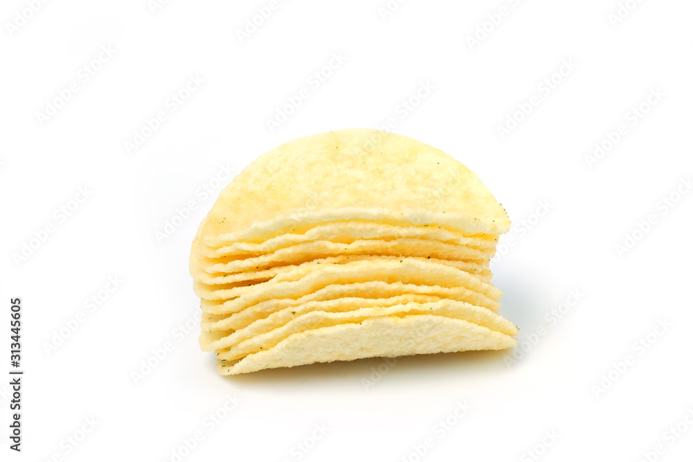 Delicious potato chips isolated on white background Delicious potato chips isolated on white background