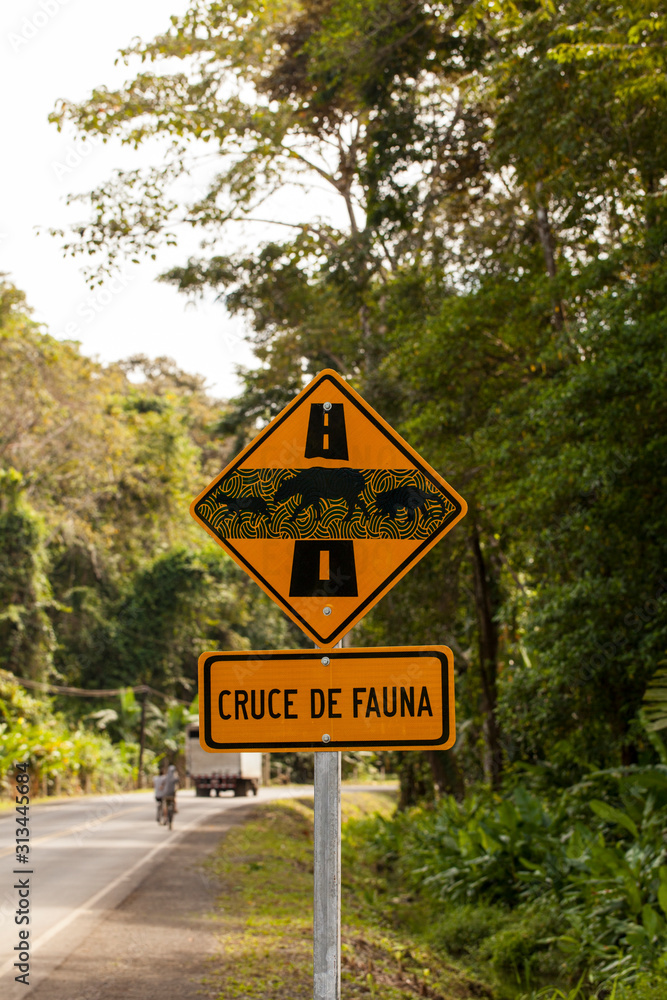 Animal Crossing traffic sign on a road in Costa Rica