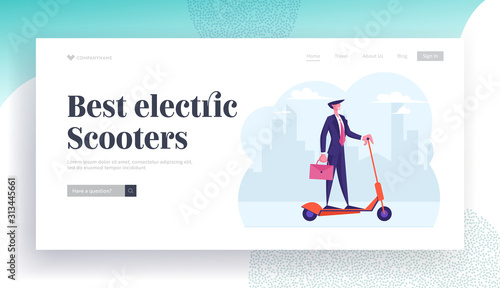 Ecology Transport Website Landing Page. Business Man Holding Briefcase Riding Electric Scooter Hurry at Work. Businessman City Megalopolis Lifestyle Web Page Banner. Cartoon Flat Vector Illustration