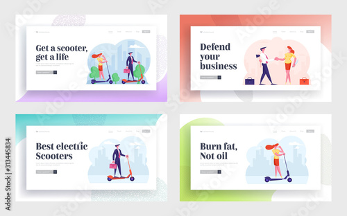 Betrayal, Ecology Transport Website Landing Page Set. Business People Riding Electric Scooter Hurry to Work, Shaking Hands with Weapon behind of Back Web Page Banner. Cartoon Flat Vector Illustration