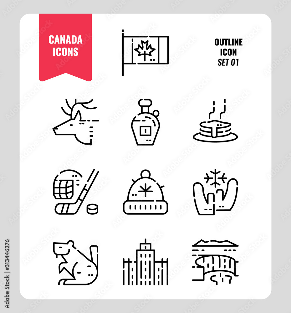 Canada icon set 1. Include Canada flag, Maple syrup, niagara fall, hockey, animal and more. Outline icons Design. vector