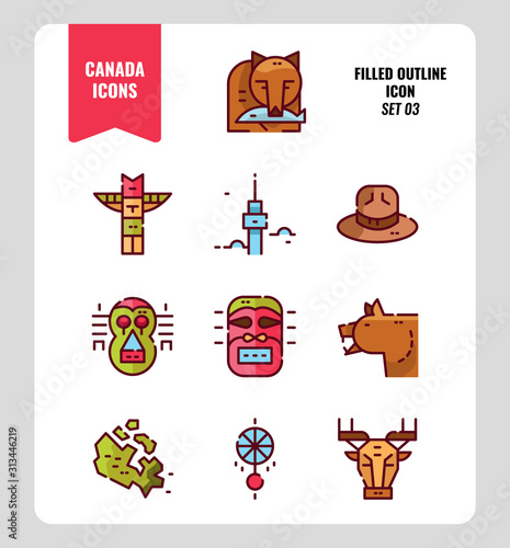 Canada icon set 3. Include Canada map, aboriginal, bear and more. Filled outline icons Design. vector