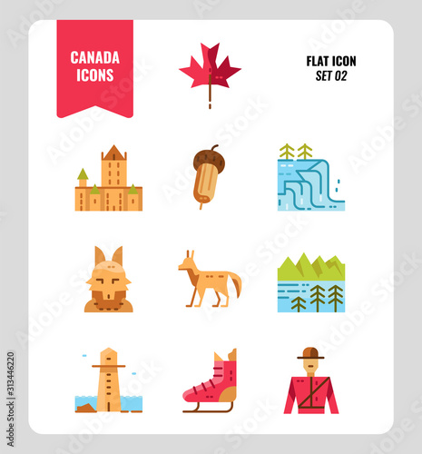 Canada icon set 2. Include Canada landmark, Maple leaf, landscape, red fox and more. Flat icons Design. vector