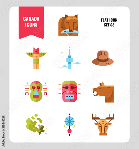 Canada icon set 3. Include Canada map, aboriginal, bear and more. Flat icons Design. vector