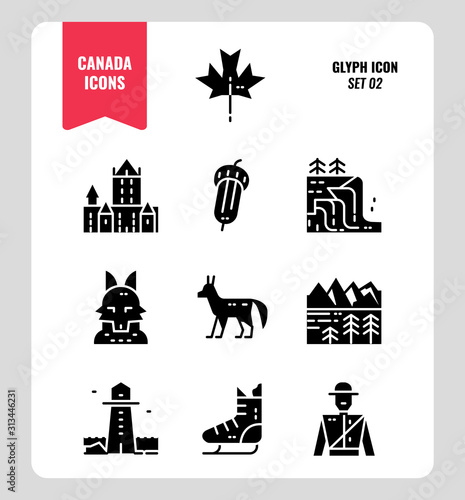 Canada icon set 2. Include Canada landmark, Maple leaf, landscape, red fox and more. Glyph icons Design. vector