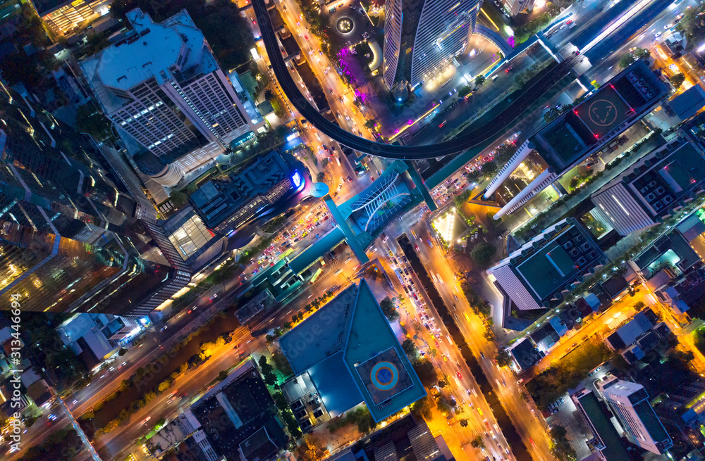 Top view city , Aerial view road , Expressway with car lots in the city in Thailand. Beautiful