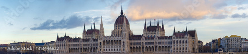 Hungary, Budapest Parliament view from Danube river. Dramatic clouds