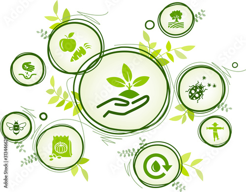 bio farming / organic agriculture icon concept – eco friendly pest control, saving water, healthy produce – vector illustration