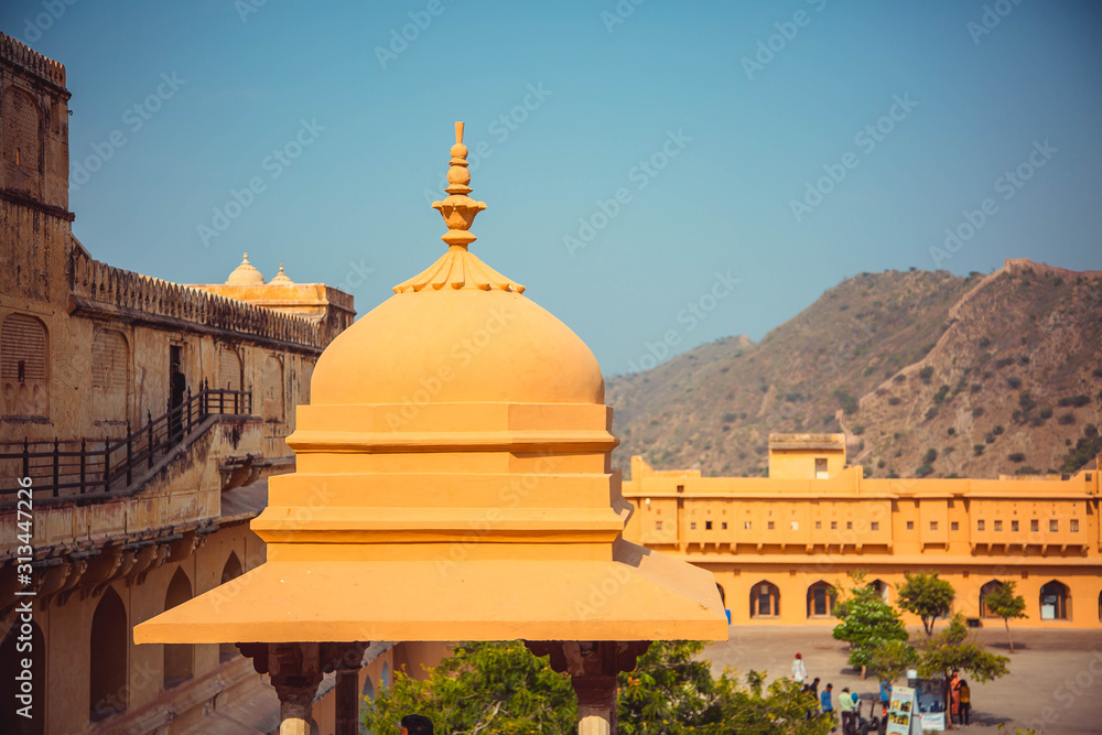 old walls and domes, architecture of amber fort near Jaipur, Rajasthan, India